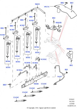 Топливные форсунки и трубопроводы (Сборка на заводе в г. Солихалл, 2.0L I4 DSL HIGH DOHC AJ200, 2,0 л I4 DSL MID DOHC AJ200)
